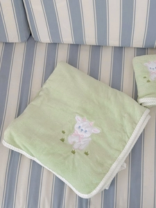 Detail of soft green lamb towel with cute cartoon embroidery and woven white border