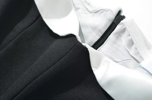 Detailed close-up of a smooth invisible back zipper on a contrast black and white dress