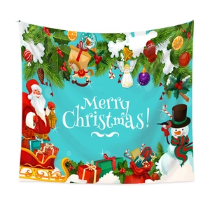 Detail of Christmas tapestry featuring Santa, snowman, and Merry Christmas greetings