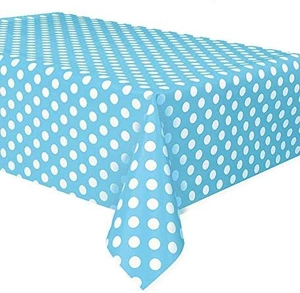 Blue rectangular plastic tablecloth with white polka dots for birthday party decoration