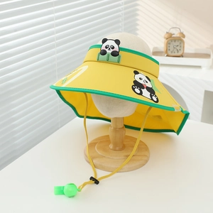 Detail of yellow kids sun visor with panda print, wide brim, and whistle chin strap