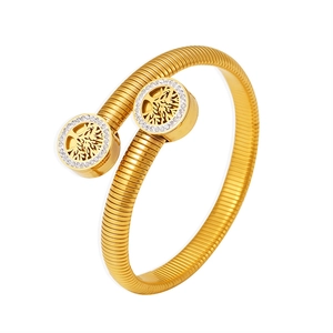 Gold-plated tree of life open bangle with sparkling crystals on a threaded metal band