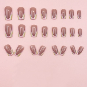 Glossy nude ballerina fake nails with tri-color pink yellow and green French wave tips