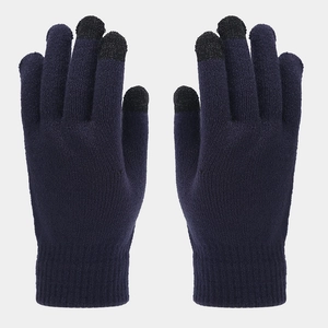 Detail of navy knit gloves with touch screen fingertips and ribbed cuffs for winter