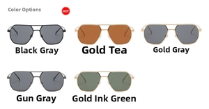 Five color options of polygonal double-bridge pilot sunglasses with metal frames