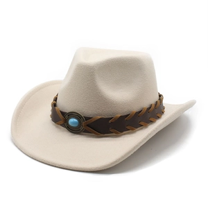 Detail of cream felt cowboy hat with braided leather belt and turquoise gemstone accent