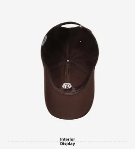 Detail view of reinforced inner structure and labels of a brown cotton baseball cap