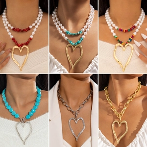 Heart Pendant Multilayer Necklace Alloy Imitation Artificial Pearl Synthetic Turquoise Retro Bohemian Statement Jewelry For Women