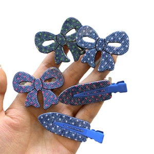 Set of 5 sweet denim polka dot bow and oval hair clips for women and girls