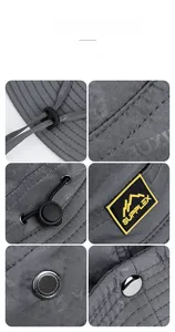 Detail shots of gray sun hat with mesh vents, Supplex fabric tag and adjustable cord