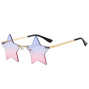 Detail of star-shaped rimless sunglasses with blue-pink gradient lenses and gold metal arms