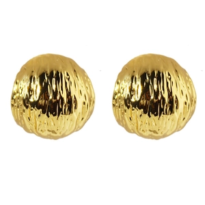 Polished gold brass stud earrings with a unique crushed metal texture on white background