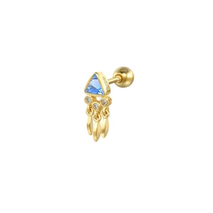 Detailed macro of S925 silver stud earring with blue triangle stone and gold fringe tassels