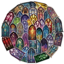 Detailed close-up of colorful Gothic stained glass window PET stickers on white background