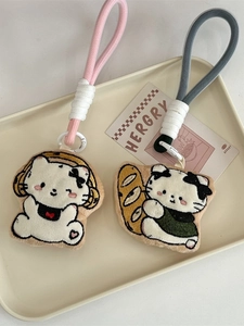 Cute cartoon 3D cat plush charms with woven straps for bags and keychains