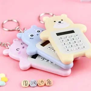 Cute cartoon bear mini calculators with keychains in pink, blue and yellow colors