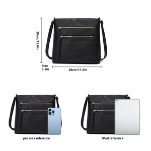 Size comparison of black PU leather tote bag with iPad and phone, 28x28x9 cm dimensions