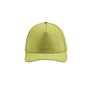 Detail view of olive green quick-dry baseball cap with laser-cut ventilation holes