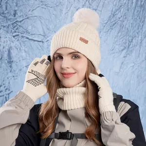 Winter Beanie Hat Scarf And Touchscreen Gloves Knitted Acrylic Plush Lined Thick Warm Outdoor Skiing For Women