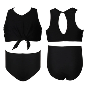 Two-piece black girls' bikini with front knot detail and teardrop cutout back