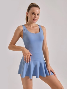 Slim fit smog blue tennis dress with sleeveless racerback and pleated hemline design