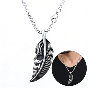 Feather Skull Pendant Necklace Stainless Steel Vintage Gothic Punk Streetwear Jewelry For Men Women