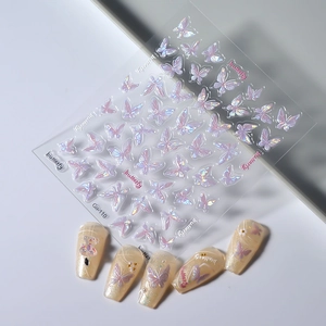 3D aurora butterfly nail art stickers with iridescent liquid shell effect on pearly nails
