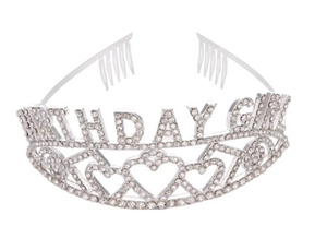 Detailed view of silver glitter Birthday Girl crown with rhinestones and hair combs