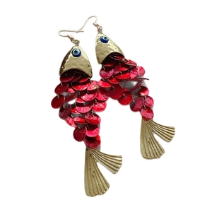 Traditional Chinese style red fish tassel earrings with gold metal and shell details