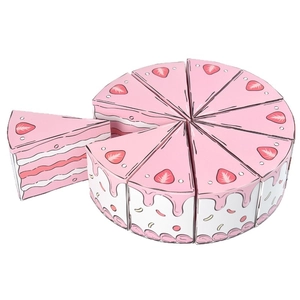 Pink strawberry triangle paper cake boxes arranged in a complete 8-piece circular set