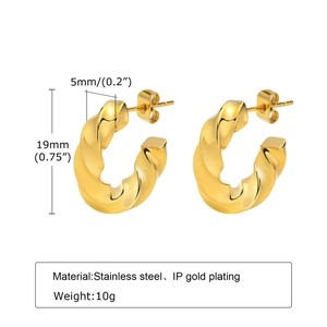 Gold stainless steel twisted C-shape hoop earrings with 19mm diameter and 5mm width