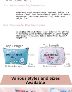 Detailed size chart showing dimensions for waterproof PU leather makeup bags in various sizes