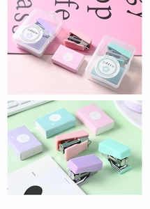 Mini macaron-colored stapler set with 10# staples in a transparent storage box
