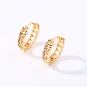Minimalist Geometric Copper Huggie Earrings With Clear Rhinestone Inlaid Gold Plated Fashion Jewelry For Women Daily Wear