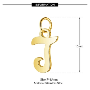 Detailed macro view of a gold stainless steel letter J pendant sized 7x15mm with ring