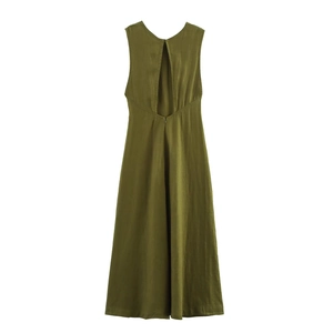 Olive green sleeveless linen midi dress with backless cut-out detail on white background