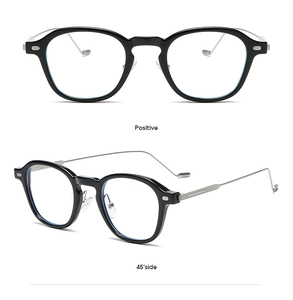 Front and 45-degree angle view of black frame glasses with silver metal temples