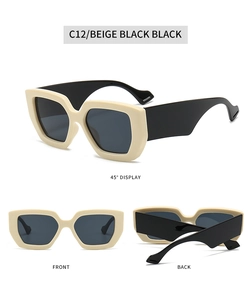 Detailed views of beige and black oversized square sunglasses in front and back angles