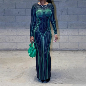 Robe longue moulante sexy dos nu avec imprimé thermique vert et manches longues
