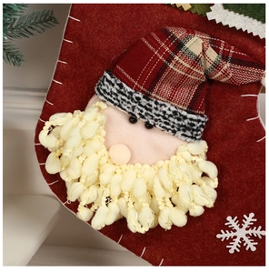 Close-up of Santa Claus Christmas stocking featuring textured plaid hat and fluffy beard