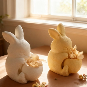Cute bunny silicone mold DIY plaster figurines holding small pots with dried flowers