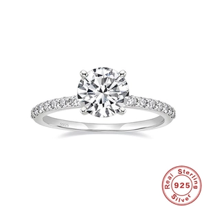 Luxurious S925 sterling silver engagement ring with round cut center stone on white backdrop