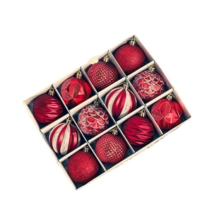 Set of 12 red 6cm Christmas ball ornaments with mixed textures in a white storage box
