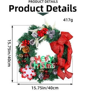 Detail view of 15.75in Christmas pine wreath with red bow and size specifications