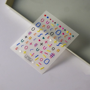 Detailed 5D embossed nail stickers featuring colorful graffiti lines and heart patterns