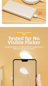 Detail of silver power bank input specs and flicker-free eye protection lamp demonstration