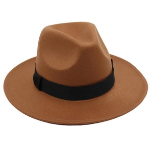 Detail view of the brown wool fedora hat featuring a smooth black ribbon band decoration