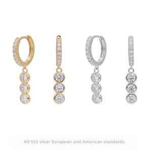 Elegant 925 Sterling Silver Dangle Hoop Earrings With Triple Zirconia Drop Minimalist Fashion Row Drill Ear Jewelry For Women