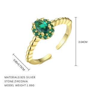 Detail showing 925 silver vintage green zirconia ring dimensions and material specifications