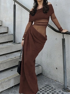 Brown off-shoulder mesh long dress featuring waist cut-out and a slim fit silhouette